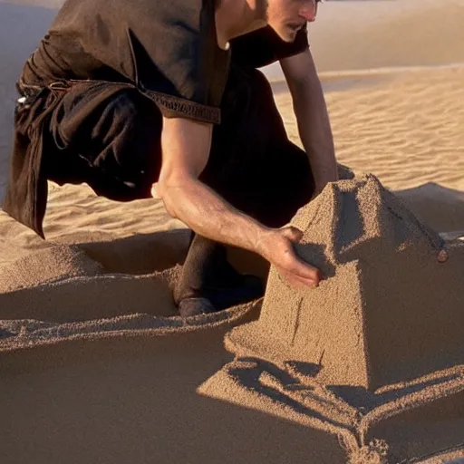 Prompt: Picture of hayden christensen as Anakin Skywalker building a sand castle on Tatooine, award-winning