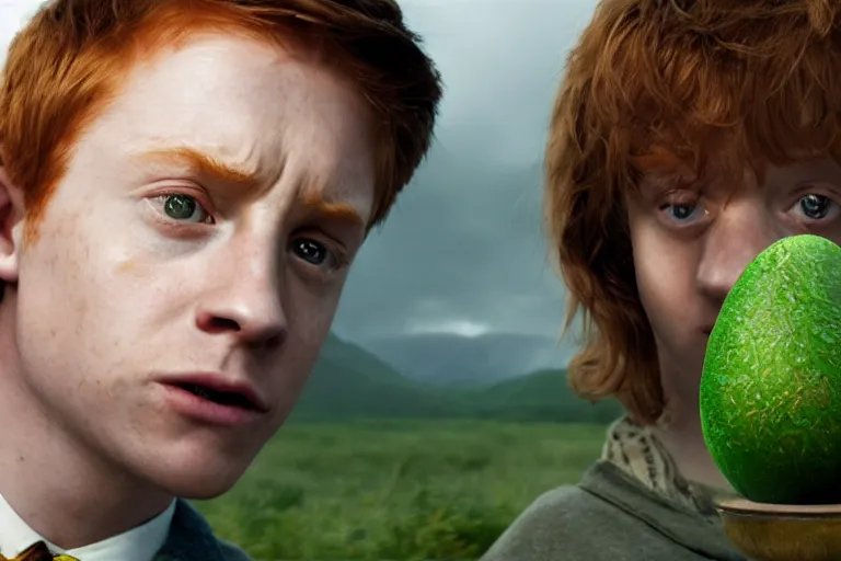 Image similar to an ultra realistic, cinematic, headshot portrait, of harry potter, ron weasley, hermoine granger as an avocado, fantasy, avocado, facial features, background of a vast serene landscape, with trees and rivers, detailed, deep focus, movie still, dramatic lighting, ray tracing, by michal karcz and yoshitaka amano