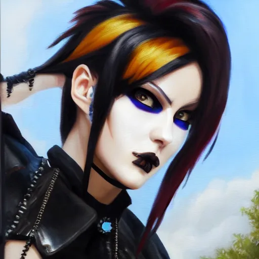 Image similar to oil painting of goth tracer overwatch in a field wearing very large black leather belt choker collar around neck, in style of mark arian, expressive face, very detailed face, very detailed eyes, full body, feminine face, detailed makeup on eyes, tracer overwatch,