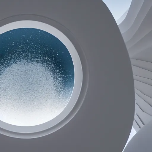 Image similar to white zen clean modern minimalist white room with large circular window with ocean view, frozen and covered in ice, by peter tarka in an ivory room well contoured smooth fair walls, up close shot, sharp focus, zen, clean, modern minimalist, zaha hadid octane highly render, 4 k, ultra hd,
