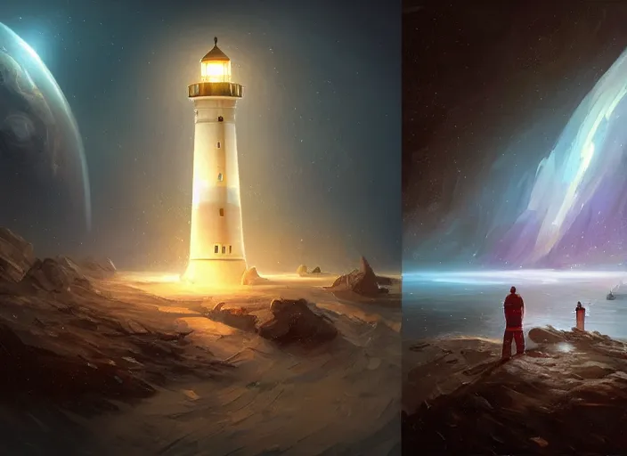 Prompt: a lighthouse in space, meteors, air shot, elegant, digital painting, concept art, smooth, sharp focus, illustration, from StarCraft by Ruan Jia and Mandy Jurgens and Artgerm and William-Adolphe Bouguerea