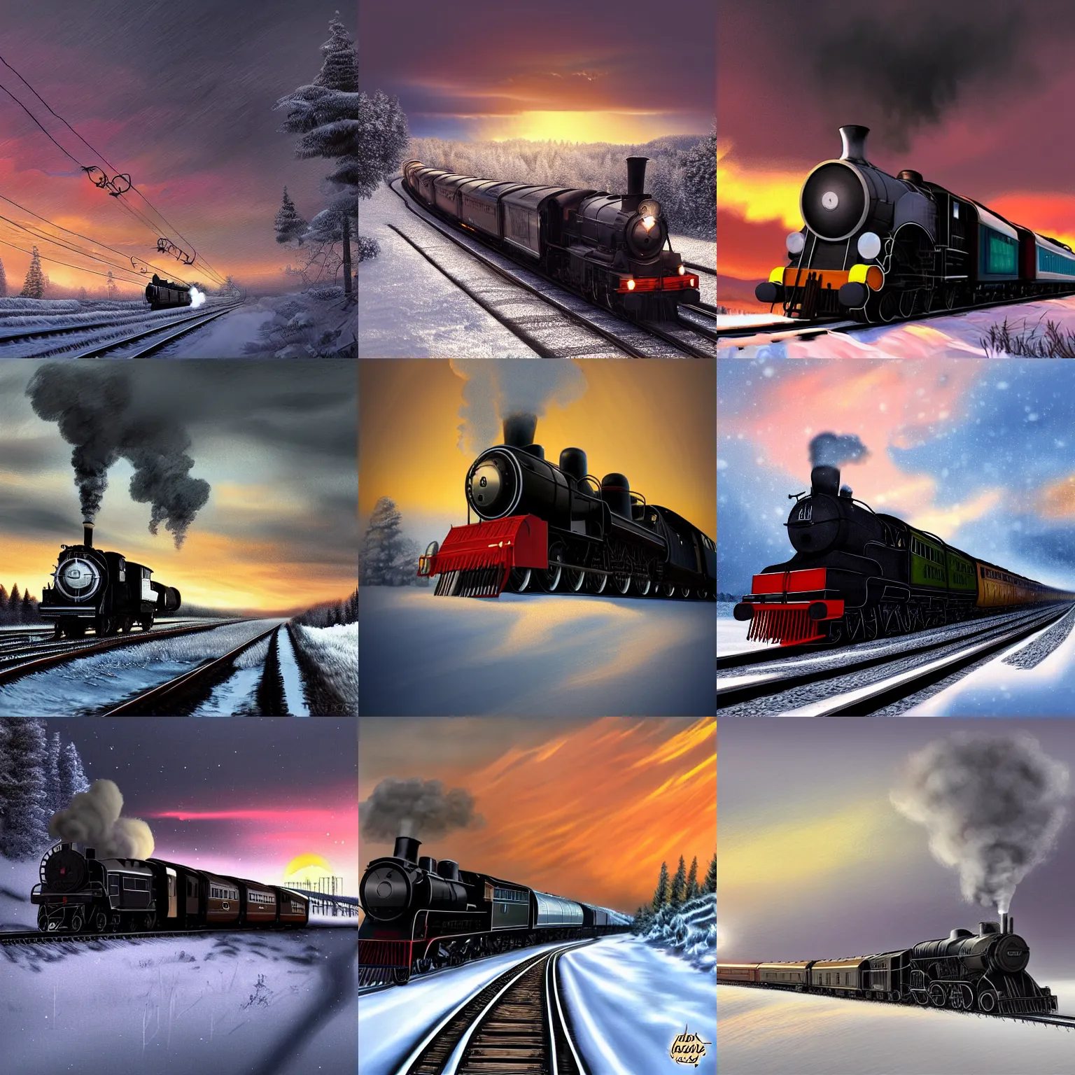 Prompt: A silver steam locomotive races across a snowy countryside with the sunset behind the steam, cloudy sky, ultra realistic digital painting, high details, trending on artstation, epic