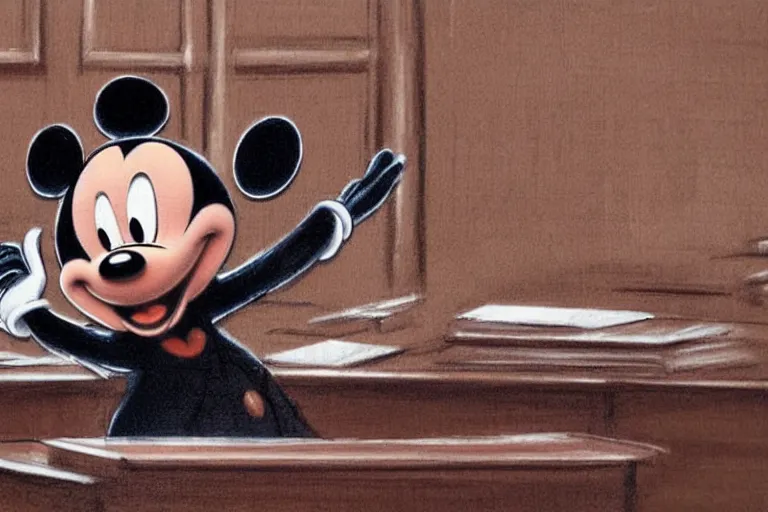 Image similar to detailed background courtroom sketch of vintage disney character mickey mouse presenting evidence of copyright infringement to the judge bench court room wooden serious dark tone