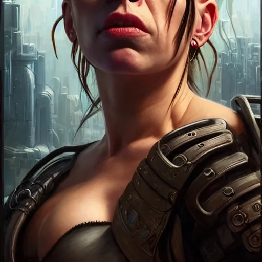 Image similar to portrait painting of a cyberpunk orc doctor extremely muscular ugly scarlett johansson with two big boar tusks, ultra realistic, concept art, intricate details, eerie, highly detailed, photorealistic, octane render, 8 k, unreal engine. art by artgerm and greg rutkowski and charlie bowater and magali villeneuve and alphonse mucha