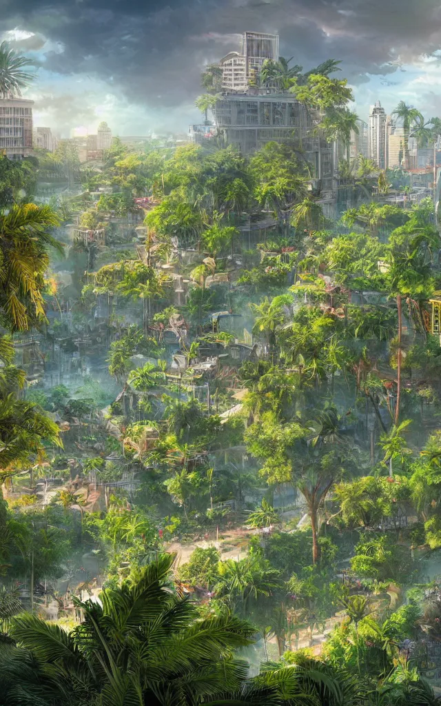 Prompt: city of bordeaux turned into an happy tropical jungle, matte painting, ultra detailed, artstation