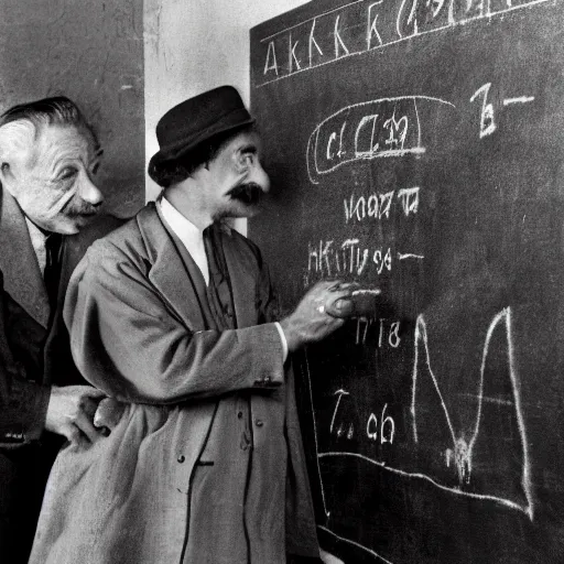 Prompt: a cat on writing with chak on a blackboard, teaching albert einstein his special theory of relativity