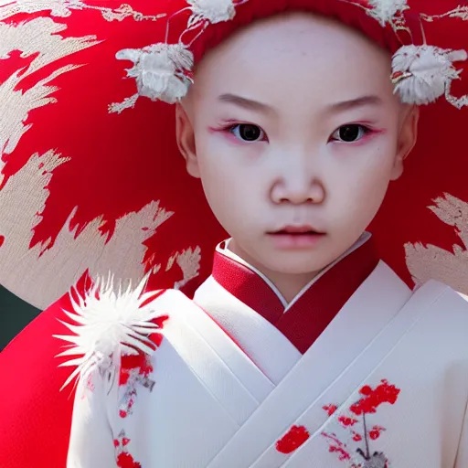 Prompt: beautiful albino Asian girl kid in a fancy kimono, unreal engine octane, red and white, gliter, depth of field, 8k, hyper detailed, trending on artstation