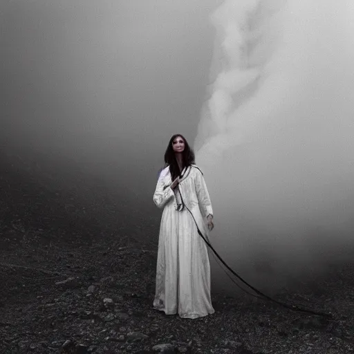 Image similar to photo, a woman in a giant flowing incredibly long dragging white dress made out of white smoke, standing inside a dark night western rocky scenic landscape, a vintage cowboy movie projected, volumetric lighting