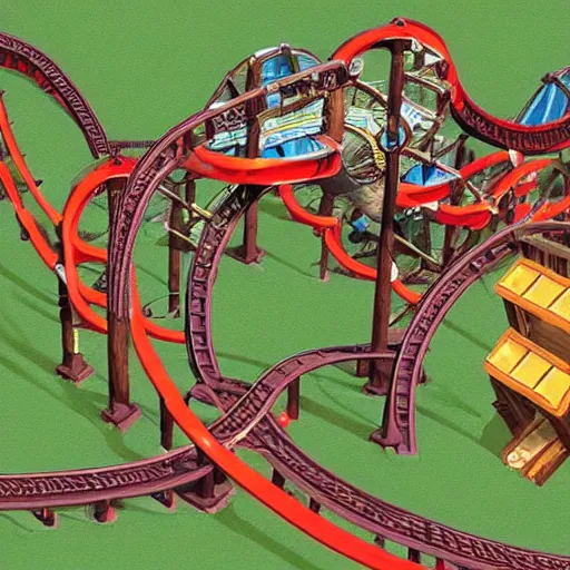 Image similar to digital concept art of donkey kong country theme park with a minecart roller coaster