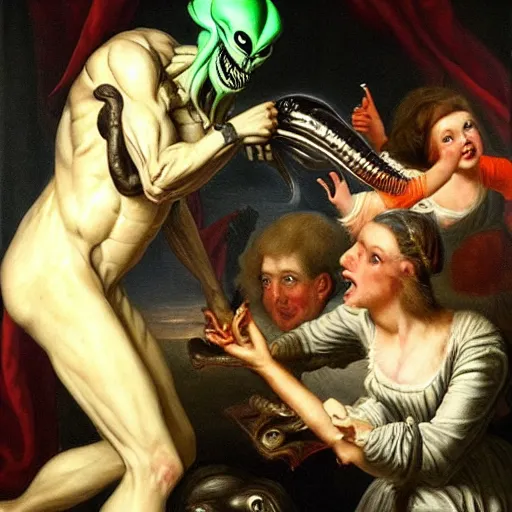 Prompt: liberals partying with a Xenomorph, hyper realistic, oil painting, mid 18th century