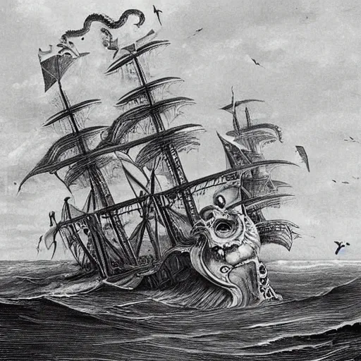 Image similar to an impossibly huge pirate ship, being attacked by a kraken, giant tentacles. 1800s photograph