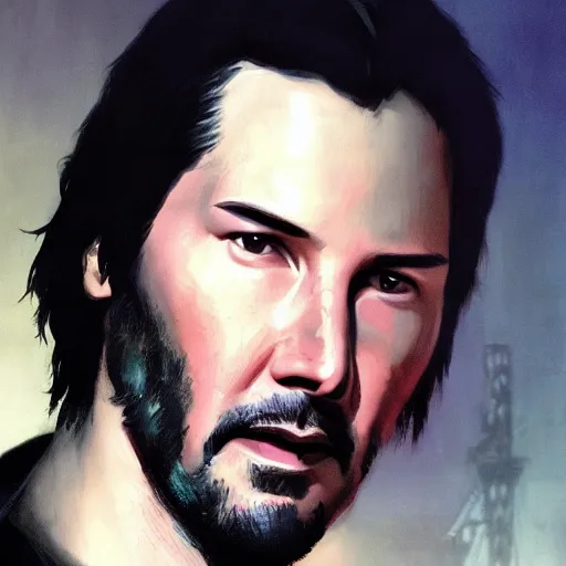 Prompt: closeup portrait of keanu reeves in blade runner, city background, dramatic light, gorgeous view, depth, high detail, digital art, painted by greg rutkowski and seb mckinnon, by tim burton, trending on artstation