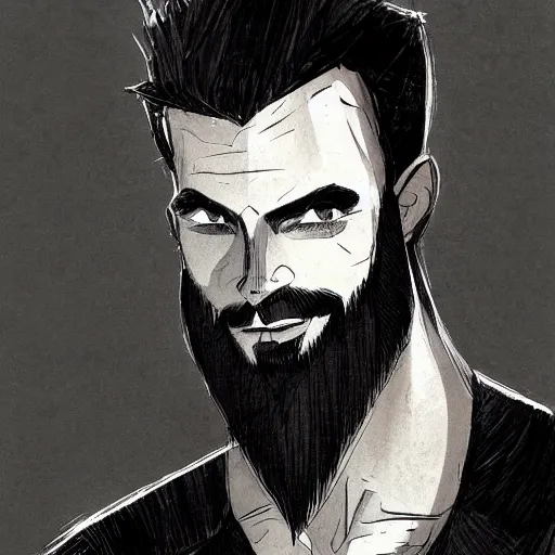 Image similar to very high angle view, very attractive man with beard, highly detailed full body, strong masculine features, slim, command presence, royalty, smooth, sharp focus, organic, appealing, book cover, deep shadows, by Dave McKean sketch lineart for character design