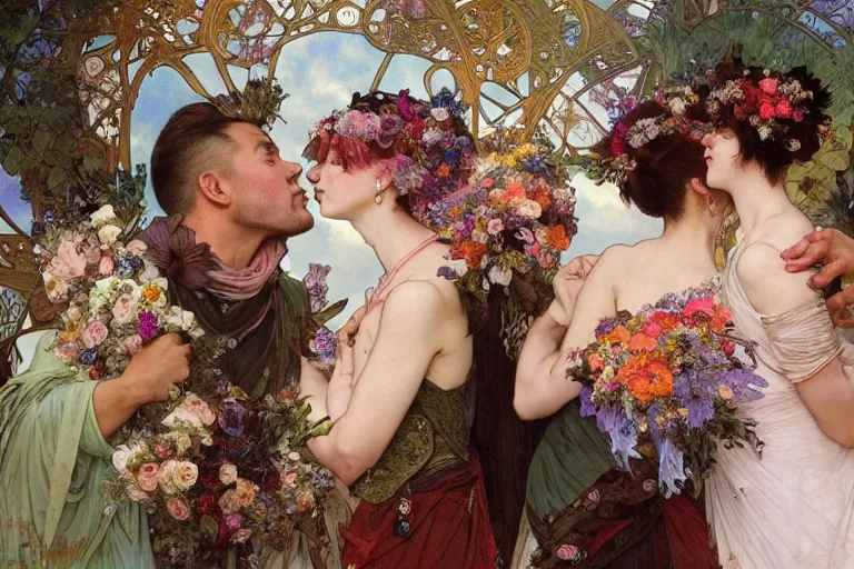 Image similar to the groom kisses the bride at a wedding full of flowers, bright and happy, dreamlike art, highly detail, 4 k realistic, wedding photoy krenz cushart. artem demura. alphonse mucha. yoji shinkawa artgerm. jon lothian. danilo torres. adi meyers. thomas reimann. gaston bussiere.