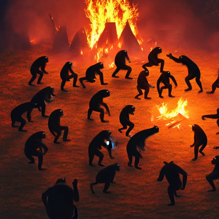 Prompt: real life 1 2 chimpanzees dancing in circle, bonfire in center, a jungle, cinematic, volumetric lighting, vivid colours, long evil shadows, f 8 aperture, cinematic eastman 5 3 8 4 film, photorealistic