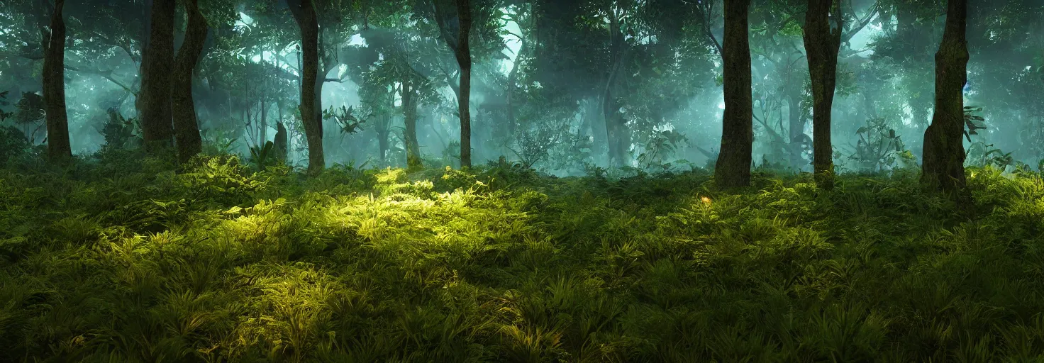 Image similar to a forest with glowing plants, wide shot, cinematic, ultra realistic, ultra detailed