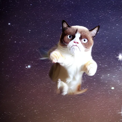 Image similar to photo of hyperspeed flying through outer space, grumpy cat running fast with motion blur