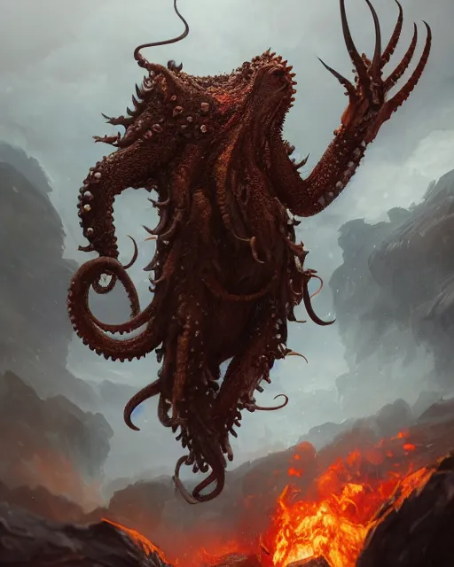 Image similar to oil painting of Angry Anthropomorphized Octopus Berserker, wearing fur armor, claws, sharp focus, attack pose, fantasy style, octane render, volumetric lighting, 8k high definition, by greg rutkowski, highly detailed, trending on art Station, magic the gathering artwork, burning Battlefield background, centered