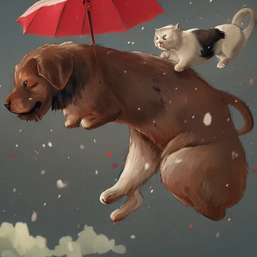 Image similar to giant cats and dogs are falling from the sky like rain, bystanders watching from the sides, 4 k, by miyazaki, monokubo, artstation,