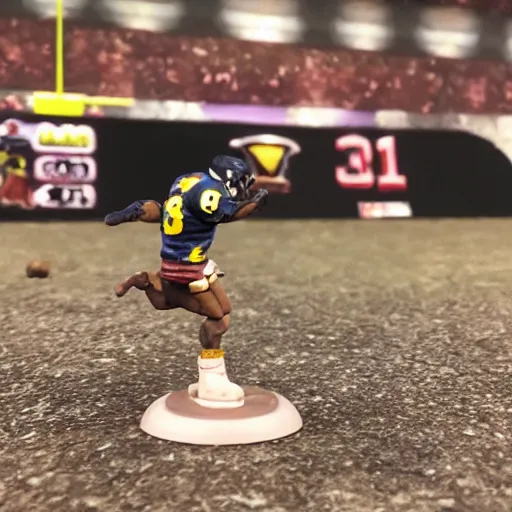 Prompt: blood bowl human catcher scoring touchdown on a desert pitch, looking into the camera, high quality photo,