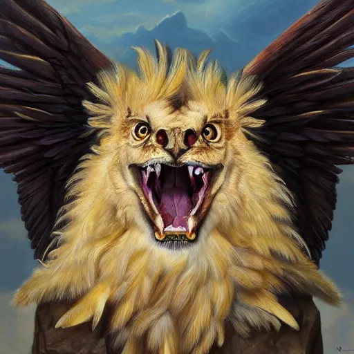 Image similar to a realistic oil painting portrait of a griffon, resembling a winged lion with an eagle head, highly detailed, trending on artstation, by james gurney and michael whelan