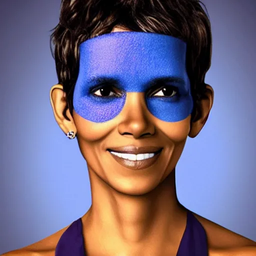 Prompt: an anthropomorphic blueberry with the face of halle berry