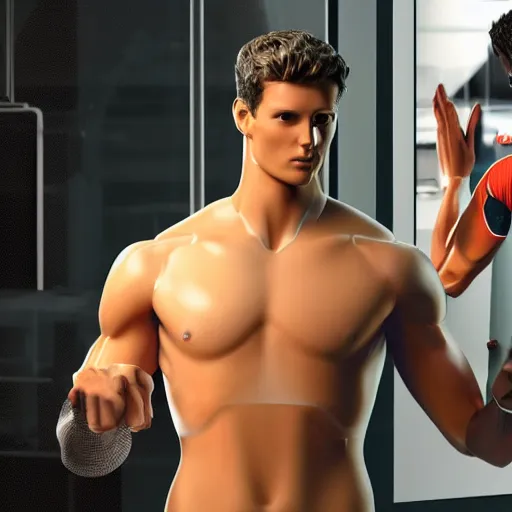 Image similar to a realistic detailed photo of a guy who is an attractive humanoid who is half robot and half humanoid, who is a male android, attractive and handsome soccer players, shiny skin, posing like a statue, blank stare, in a factory, on display, showing off his muscles, wearing soccer shorts, side view, looking at each other mindlessly