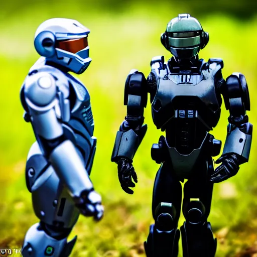 Image similar to Master Chief and Robocop, love at first sight, sigma 85mm f/1.4, 4k, depth of field, high resolution, 4k, 8k, hd, full color