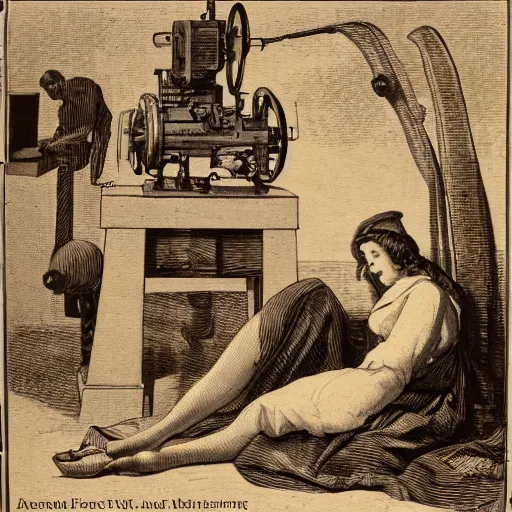 Prompt: a large mechanical machine, sewing a woman together