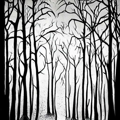 Image similar to dark forest illustration, 4k detailed, black ink on white paper, dark fantasy, white space in middle