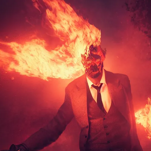 Image similar to a photo of a man dressed in black set on fire in the middle of the george floyd riots, dark, blue, red, white, cinematic lighting, intricate, grim, digital art, trending on artstation