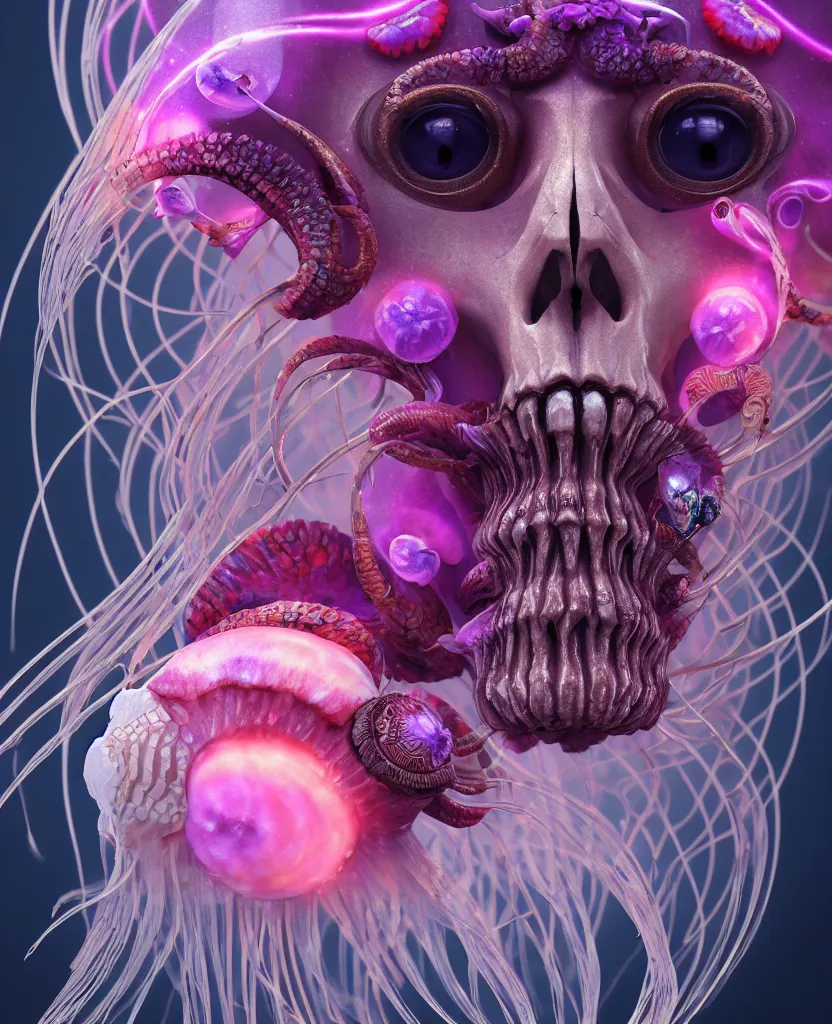 Image similar to goddess princess face close-up portrait ram skull. jellyfish phoenix head, nautilus, orchid, skull, betta fish, bioluminiscent creatures, intricate artwork by Tooth Wu and wlop and beeple. octane render, trending on artstation, greg rutkowski very coherent symmetrical artwork. cinematic, hyper realism, high detail, octane render, 8k