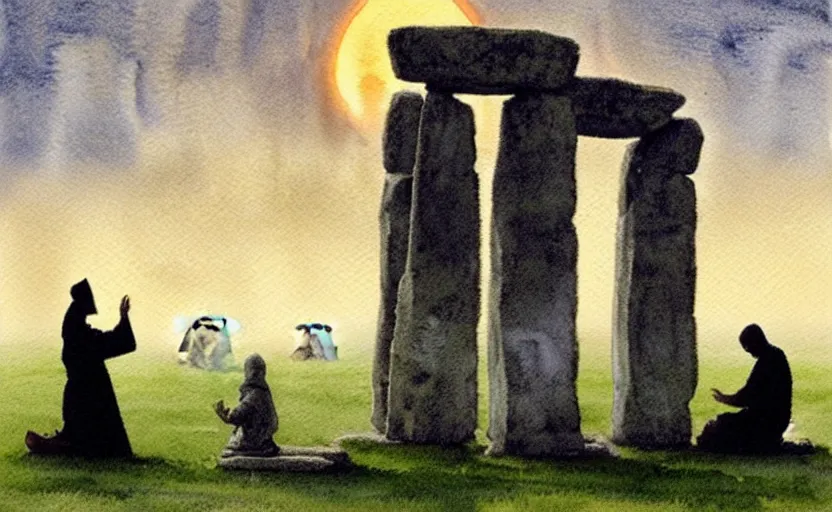 Prompt: a hyperrealist watercolour character concept art portrait of one small grey medieval monk and another giant orange medieval monk kneeling down in prayer in front of a complete stonehenge monument on a misty night. a ufo is in the sky. by rebecca guay, michael kaluta, charles vess and jean moebius giraud