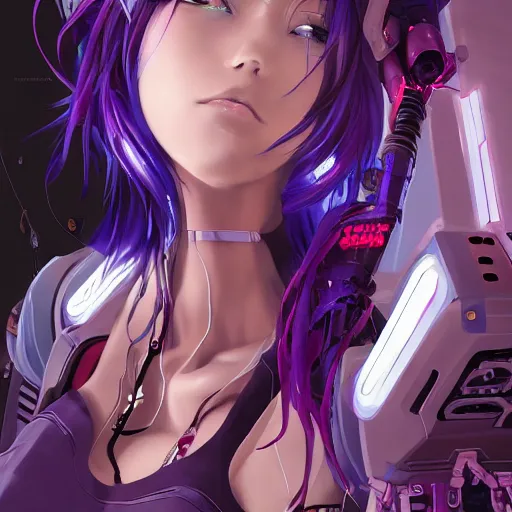 Image similar to A beautiful painting of a cyberpunk anime girl with purple hair and an a huge robot arm sensual stare, augmentations and cybernetic enhancements neon circuits, by Stanley Artgerm Lau, WLOP, Rossdraws, James Jean, Andrei Riabovitchev, Marc Simonetti, and Sakimichan, trending on artstation, hyperrealist, cinema4D, 8k highly detailed ❤️‍🔥 🔥 💀 🤖 🚀