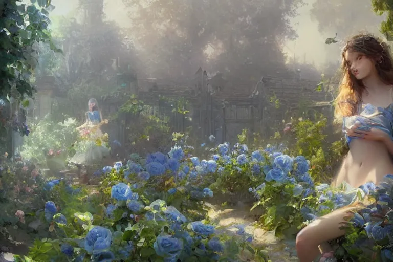 Prompt: a beautiful painting of blue roses garden, girl, by greg rutkowski, trending on artstation