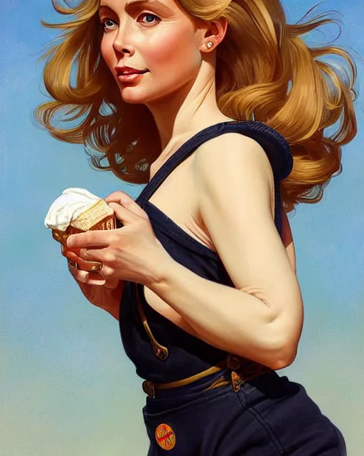 Image similar to portrait of a blonde fuller figured barbara bach from the bond film wearing dungarees and eating ice creams in porto, real life skin, intricate, elegant, highly detailed, artstation, concept art, smooth, sharp focus, art by artgerm and greg rutkowski and alphonse mucha