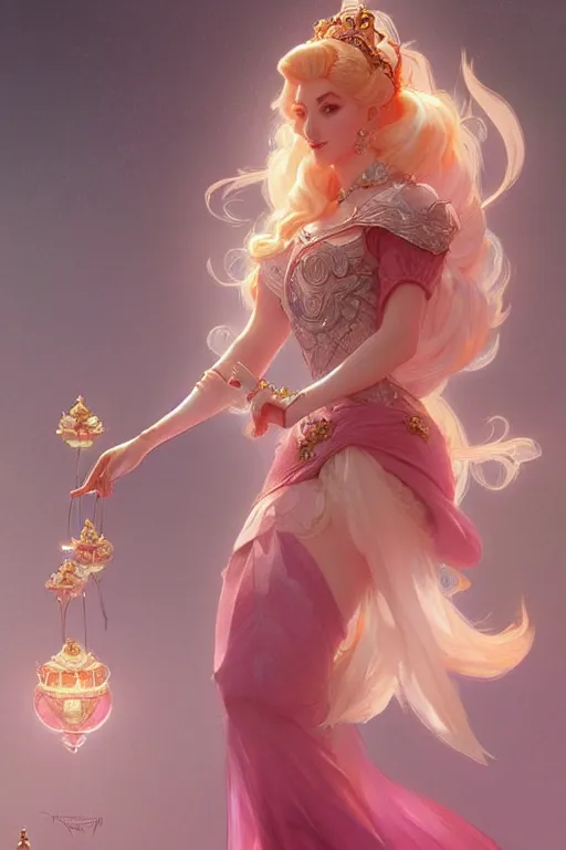 Image similar to Princess Peach, fantasy, intricate, elegant, highly detailed, digital painting, artstation, concept art, matte, sharp focus, illustration, art by Artgerm and Greg Rutkowski and Alphonse Mucha