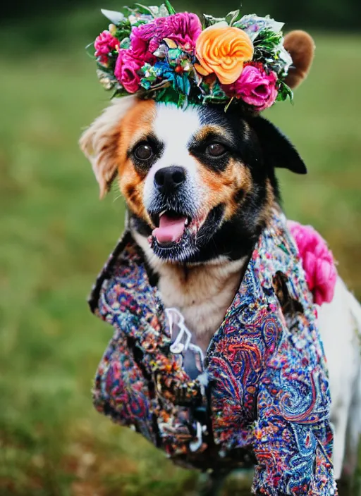 Image similar to 3 5 mm macro photography of a dog wearing a floral headdress and paisley suit