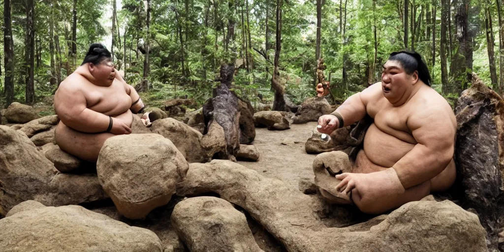 Image similar to photo, neanderthal people, sumo! japanese!, eating inside mcdonalds, gigantic forest trees, sitting on rocks, bright moon