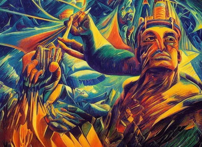 Prompt: an oil on canvas painting of Egyptian god Aker, by Dan Mumford and Umberto Boccioni, underworld, past and future, east and west, 3d, realistic shading, complimentary colors, aesthetically pleasing composition, masterpiece, 4k, 8k, ultra realistic, super realistic