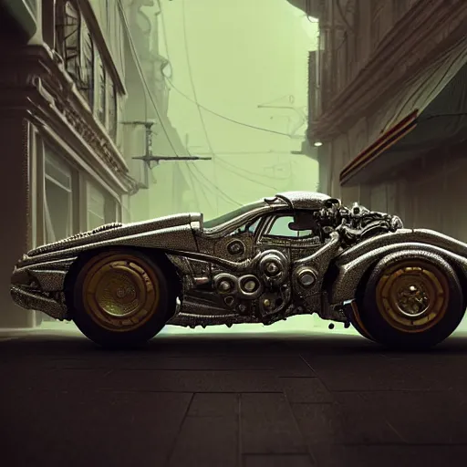 Image similar to cyborg vintage supercar slick : by michal karcz, daniel merriam, victo ngai and guillermo del toro : ornate, dynamic, particulate, intricate, elegant, highly detailed, centered, artstation, smooth, sharp focus, octane render