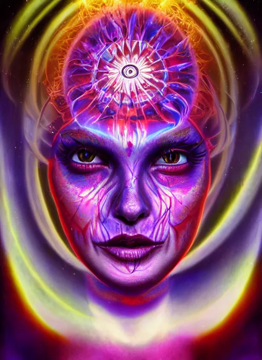 Image similar to tripping magic cult psychic woman, painted face, third eye, energetic consciousness psychedelic, epic surrealism expressionism symbolism, ultra high definition, unreal engine 5, volumetric lighting cinematic ray trace photorealism, symmetrical face, dark myth mythos, by alex grey, masterpiece