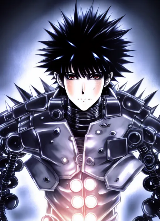 Image similar to a detailed manga full body portrait illustration of a dark spiky haired cyborg anime man surrounded by dark steam by hirohiko araki, detailed artwork, realism, 4 k resolution, detailed, high quality, sharp focus, hq artwork, insane detail, volumetric lighting, character concept art, fine details, clear subject, central subject