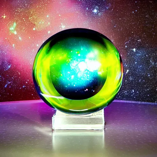 Image similar to glasball on a table with the galaxy inside