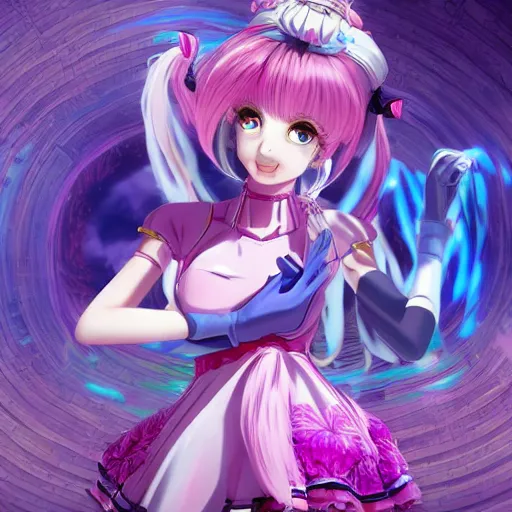 Image similar to trapped by stunningly beautiful omnipotent megalomaniacal anime asi goddess who looks like junko enoshima with symmetrical perfect face and porcelain skin, pink twintail hair and cyan eyes, taking control while smiling, inside her surreal vr castle, hyperdetailed, digital art from danganronpa, unreal engine 5, 2 d anime style, 8 k