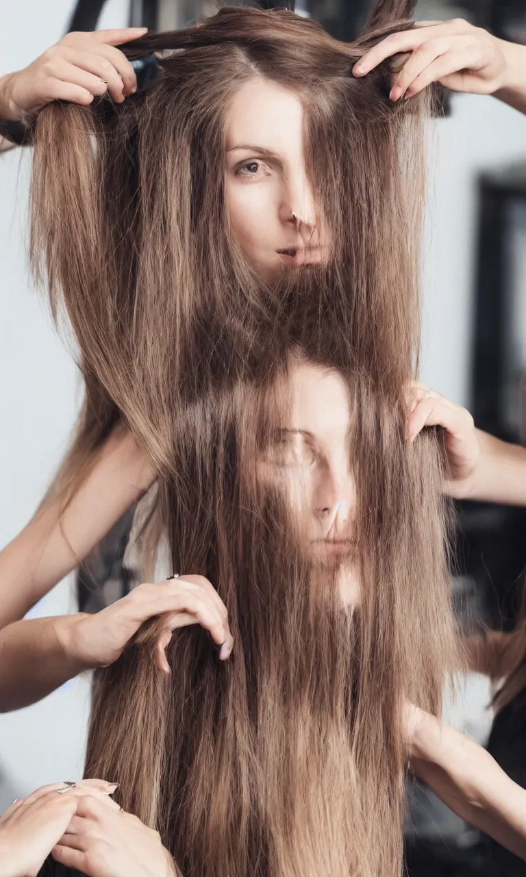 Image similar to woman with long hair getting haircut, studio, hair blog