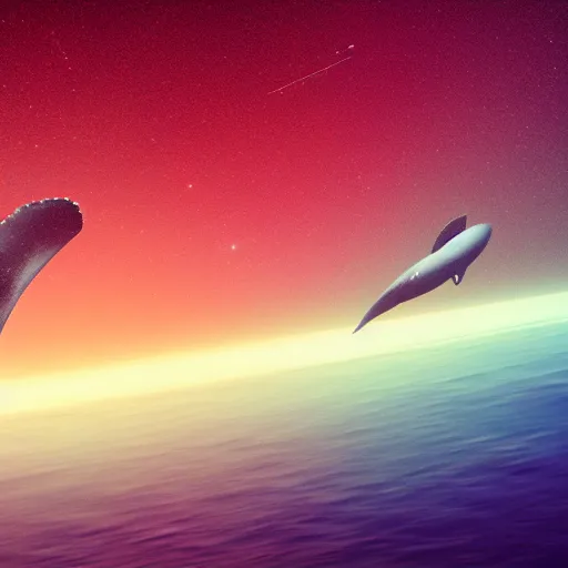 Image similar to Large blue whales swimming in space, colorful, beautiful, cinematic, golden ratio, high detail, unreal engine,