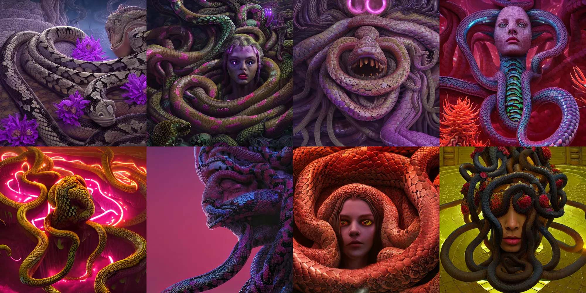Prompt: medusa gorgon gaze head, highly detailed snakes, beautiful flowers, beautiful dark landscape, in the style of beeple and mike winkelmann, intricate, epic lighting, cinematic composition, hyper realistic, 8 k resolution, unreal engine 5, raytracing, ultraviolet colors,