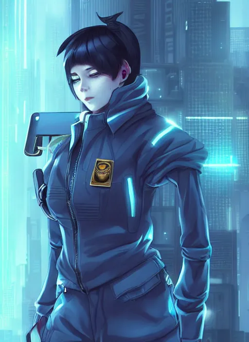 Image similar to A beautiful portrait commission of a female furry anthropomorphic avian blue bird fursona wearing a security guard uniform with a bullet proof vest. Cyberpunk city at night. Atmospheric. Character design by charlie bowater, ross tran, artgerm, and makoto shinkai, detailed, inked, western comic book art. 🐦