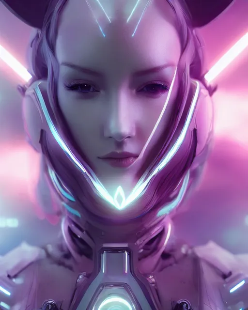 Image similar to perfect android girl on a mothership, warframe armor, beautiful face, scifi, futuristic, galaxy, nebula, raytracing, dreamy, long white hair, blue cyborg eyes, sharp focus, cinematic lighting, highly detailed, artstation, divine, by gauthier leblanc, kazuya takahashi, huifeng huang